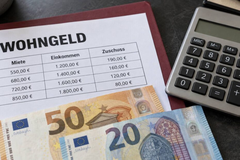 Wohngeld-Berechnung mit Miete, Einkommen und Zuschuss neben Euro-Scheinen und Taschenrechner