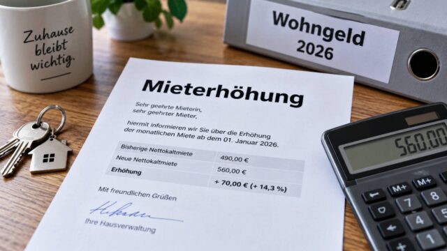 Mieterhöhung 2026 neben Wohngeld-Unterlagen, Hausschlüsseln und Taschenrechner auf einem Tisch