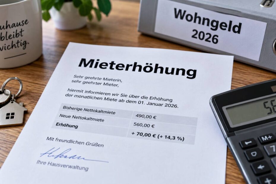 Mieterhöhung 2026 neben Wohngeld-Unterlagen, Hausschlüsseln und Taschenrechner auf einem Tisch