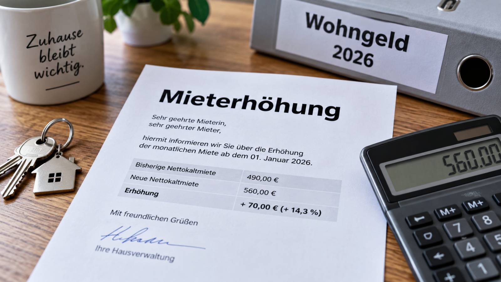 Mieterhöhung 2026 neben Wohngeld-Unterlagen, Hausschlüsseln und Taschenrechner auf einem Tisch