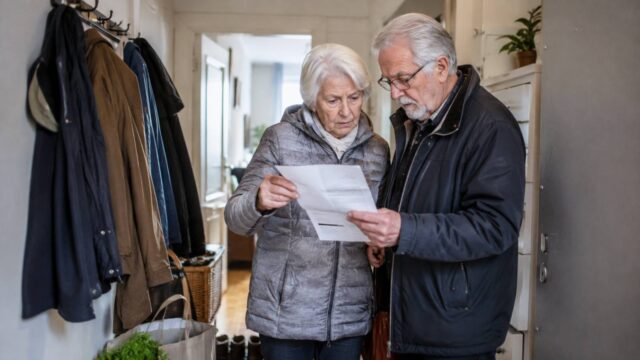 Älteres Paar liest gemeinsam ein Schreiben im Hausflur