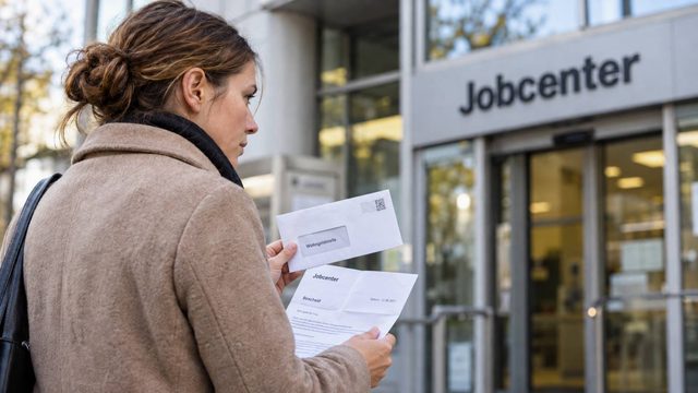 Frau hält einen Jobcenter-Bescheid und einen Brief an die Wohngeldstelle vor dem Jobcenter in der Hand.