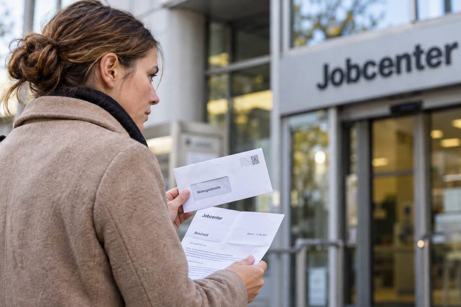 Frau hält einen Jobcenter-Bescheid und einen Brief an die Wohngeldstelle vor dem Jobcenter in der Hand.