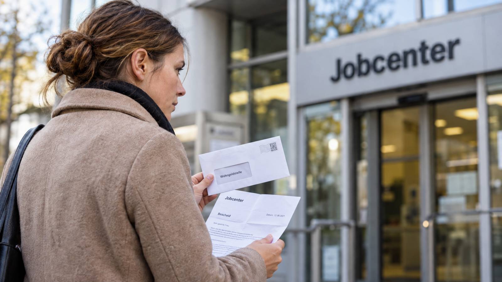 Frau hält einen Jobcenter-Bescheid und einen Brief an die Wohngeldstelle vor dem Jobcenter in der Hand.