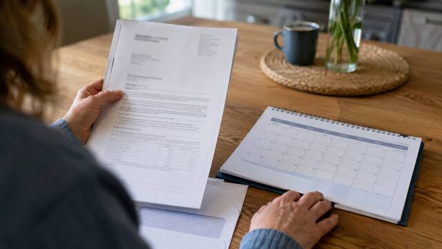 Frau prüft einen verkürzten Wohngeldbescheid neben einem Monatskalender auf dem Küchentisch