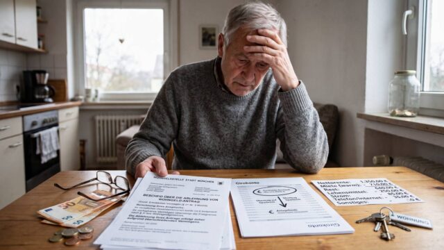 Ein älterer Mann sitzt an einem Küchentisch, hält die Hand an die Stirn und blickt auf Dokumente, Bargeld und eine handgeschriebene Haushaltsnotiz. Die Szene vermittelt finanzielle Sorgen.