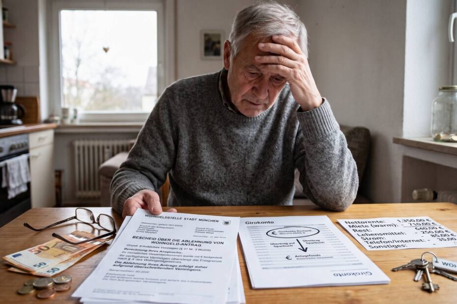 Ein älterer Mann sitzt an einem Küchentisch, hält die Hand an die Stirn und blickt auf Dokumente, Bargeld und eine handgeschriebene Haushaltsnotiz. Die Szene vermittelt finanzielle Sorgen.