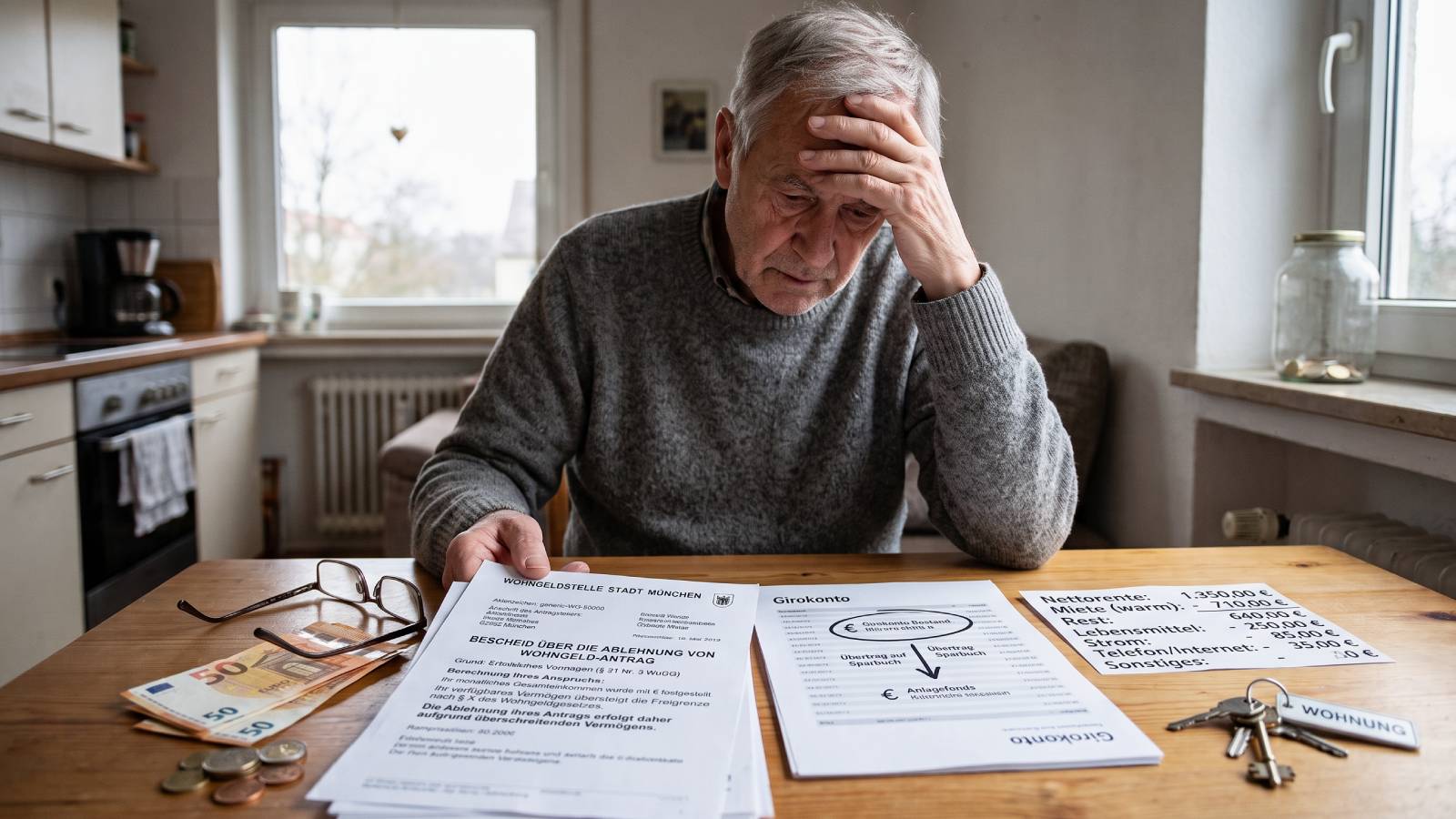 Ein älterer Mann sitzt an einem Küchentisch, hält die Hand an die Stirn und blickt auf Dokumente, Bargeld und eine handgeschriebene Haushaltsnotiz. Die Szene vermittelt finanzielle Sorgen.