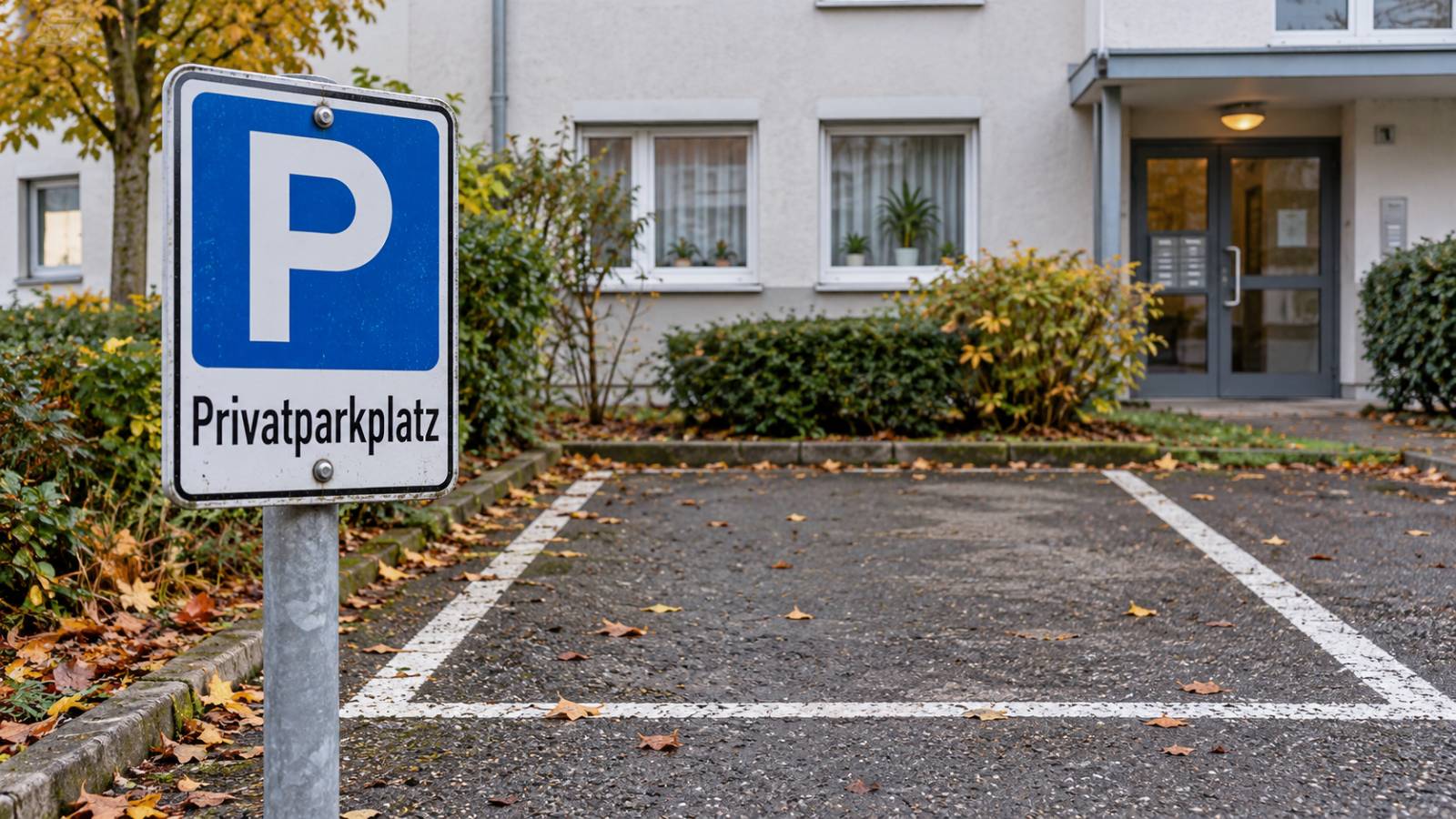 Mit „Privatparkplatz“ gekennzeichneter Stellplatz vor einem Mehrfamilienhaus.