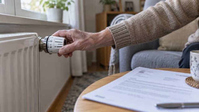 Ältere Frau stellt den Heizkörper ein, während ein Wohngeldbescheid auf dem Tisch liegt.