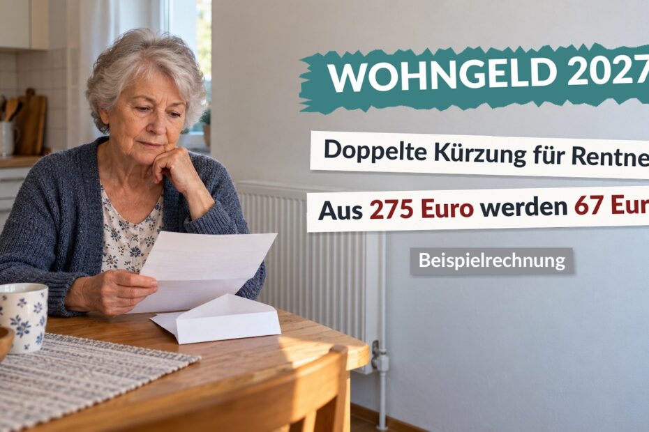 Ältere Frau liest am Küchentisch einen Brief, neben ihr ein Heizkörper. Einblendung: Wohngeld 2027, doppelte Kürzung für Rentner, aus 275 Euro werden 67 Euro, Beispielrechnung.