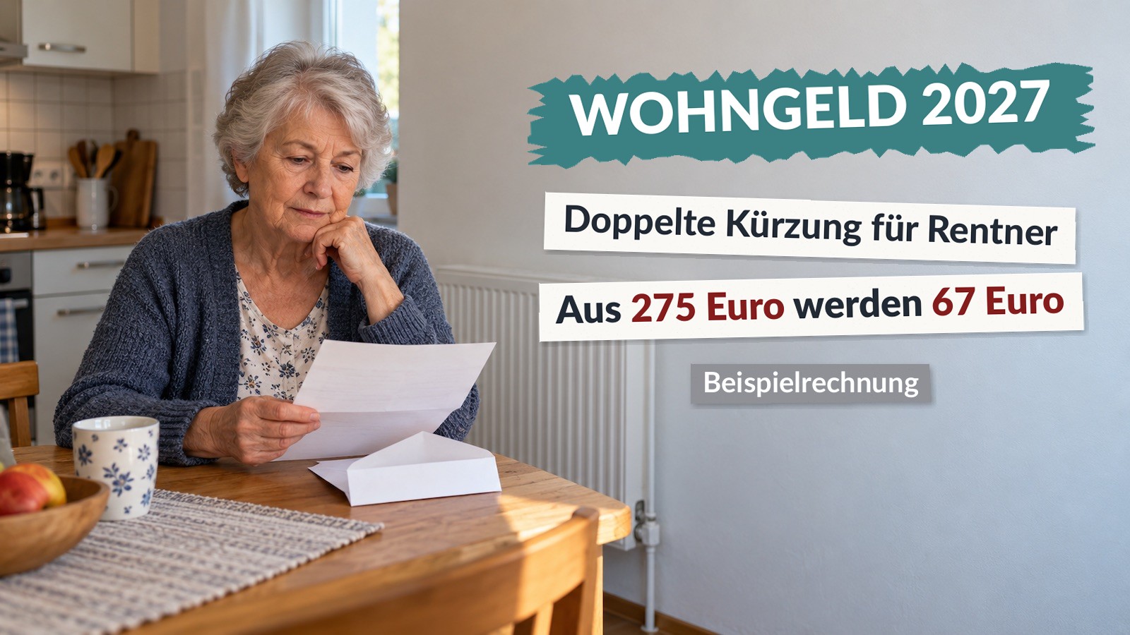 Ältere Frau liest am Küchentisch einen Brief, neben ihr ein Heizkörper. Einblendung: Wohngeld 2027, doppelte Kürzung für Rentner, aus 275 Euro werden 67 Euro, Beispielrechnung.