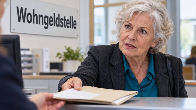 Ältere Frau reicht am Schalter einer Wohngeldstelle eine Unterlagenmappe weiter.