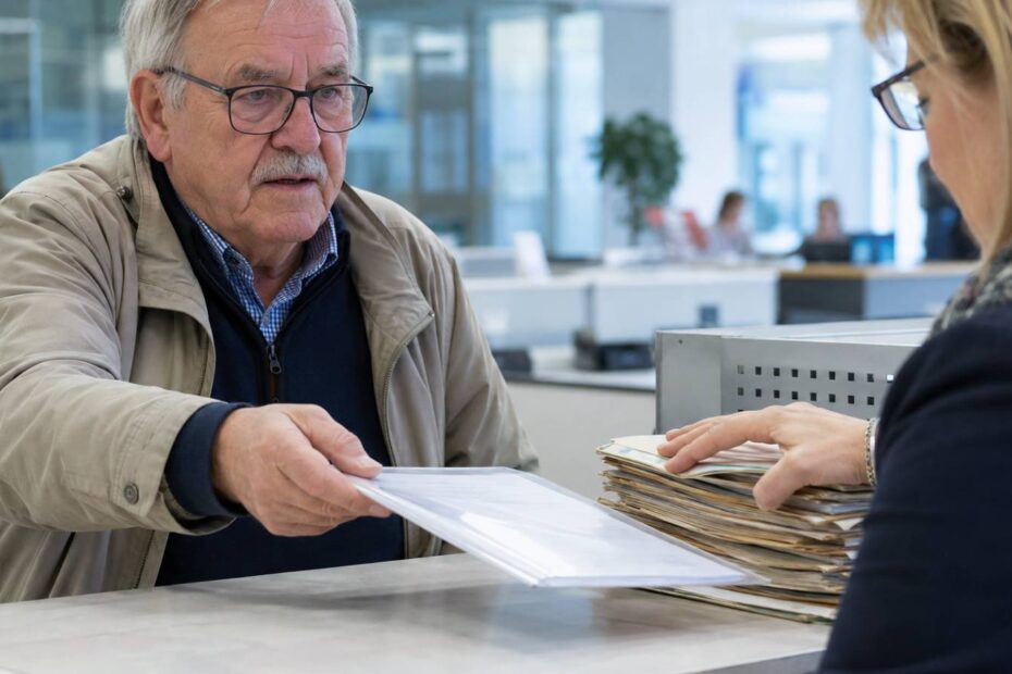 Ein älterer Mann übergibt am Schalter eines Amts einer Sachbearbeiterin Unterlagen und Aktenordner.