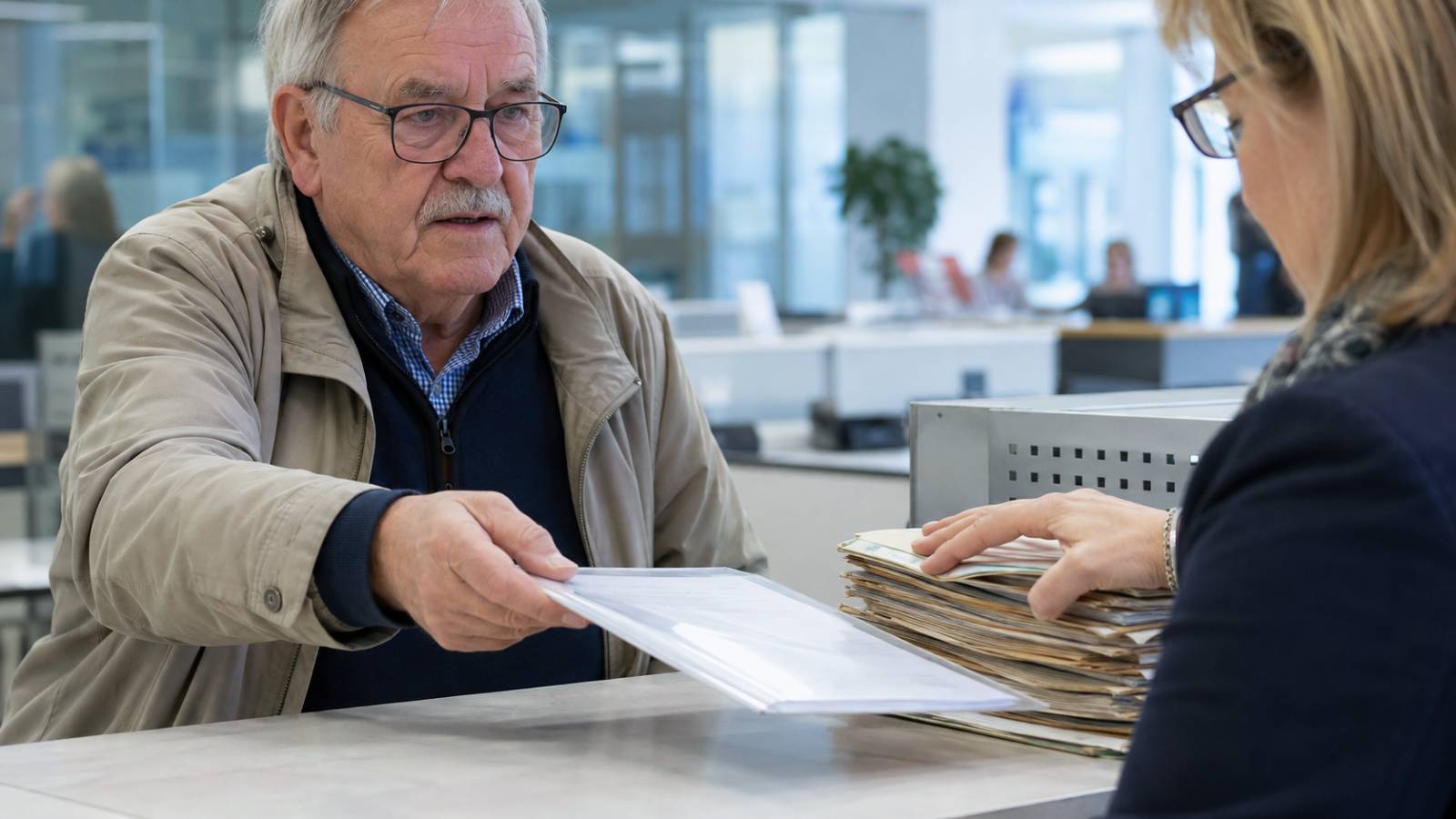 Ein älterer Mann übergibt am Schalter eines Amts einer Sachbearbeiterin Unterlagen und Aktenordner.