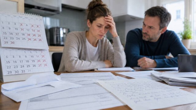 Sorgenvolles Ehepaar sitzt mit Wohngeldantrag, Formularen und Kalender am Küchentisch