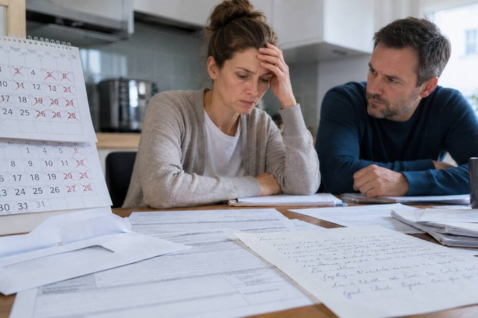 Sorgenvolles Ehepaar sitzt mit Wohngeldantrag, Formularen und Kalender am Küchentisch