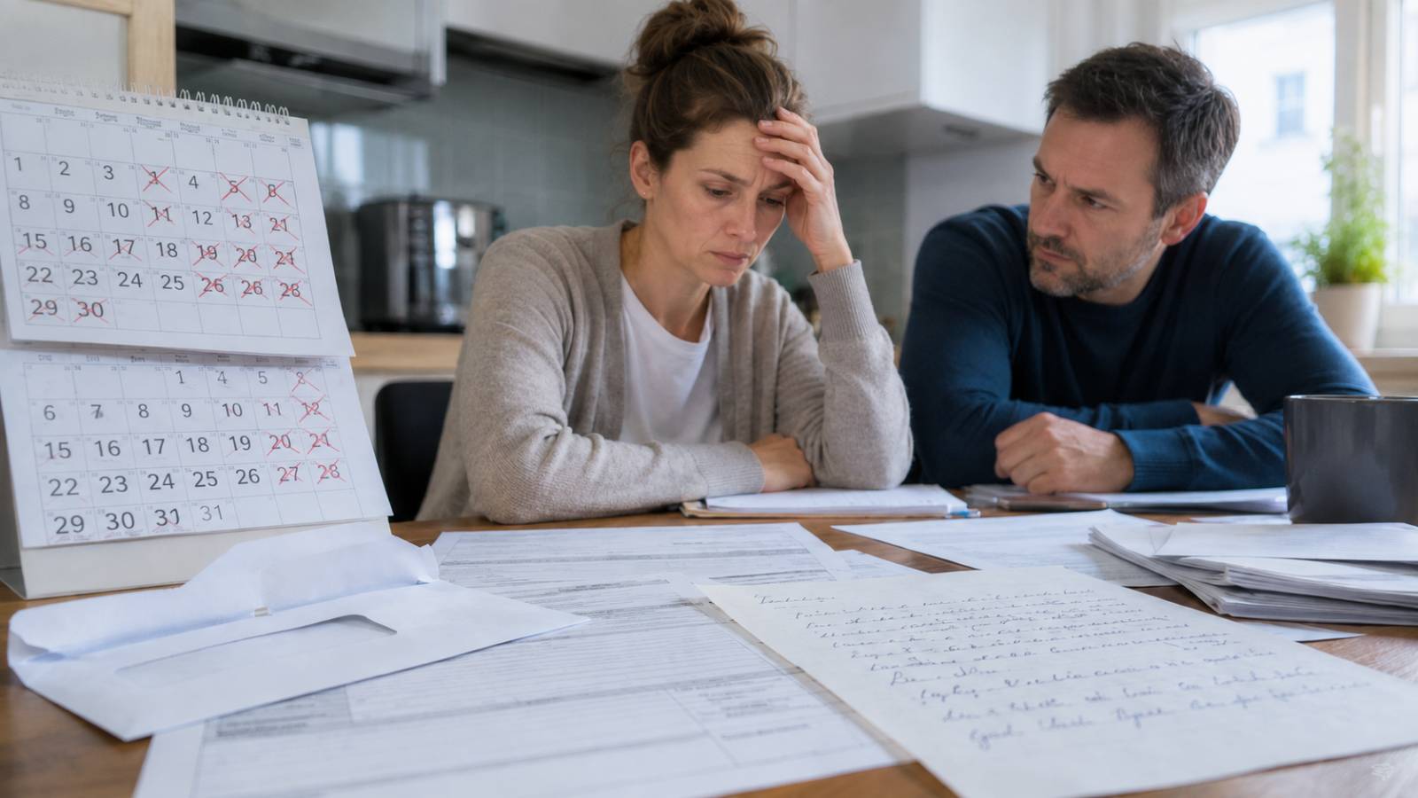 Sorgenvolles Ehepaar sitzt mit Wohngeldantrag, Formularen und Kalender am Küchentisch