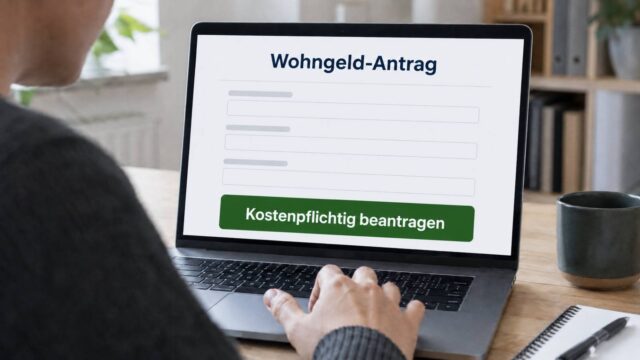 Kostenpflichtiger Wohngeld-Antrag auf einem Laptop mit grünem Antragsbutton