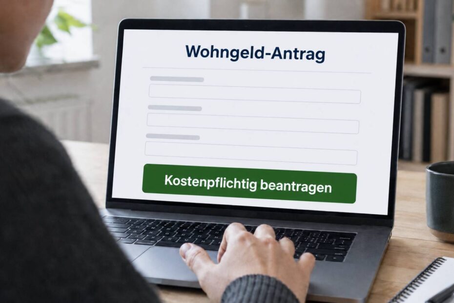 Kostenpflichtiger Wohngeld-Antrag auf einem Laptop mit grünem Antragsbutton