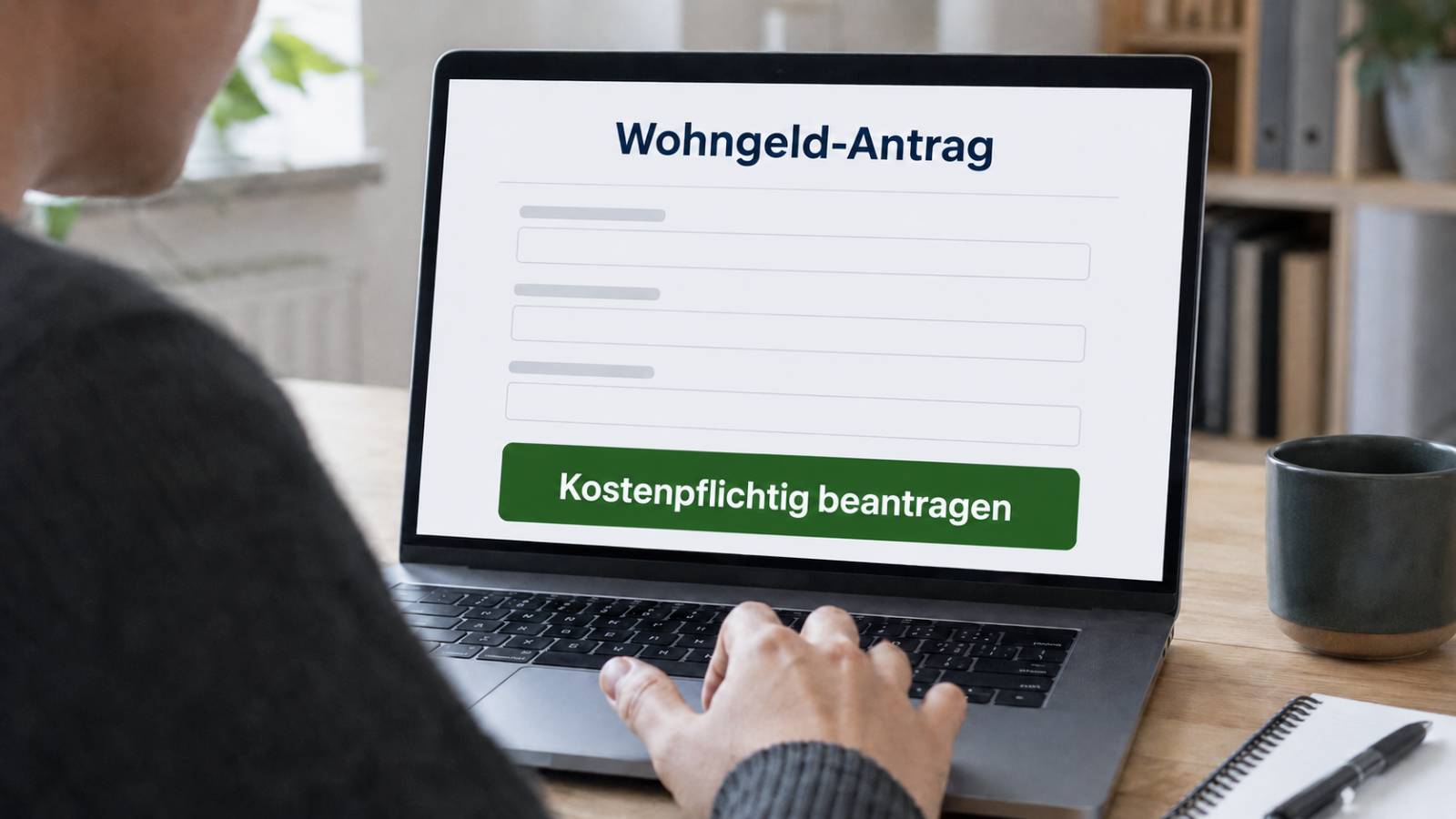 Kostenpflichtiger Wohngeld-Antrag auf einem Laptop mit grünem Antragsbutton