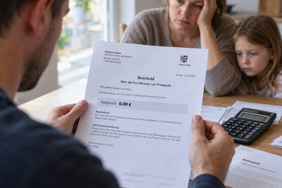 Familie sitzt am Küchentisch und prüft einen Wohngeld-Bescheid mit einem Anspruch von 0,00 Euro