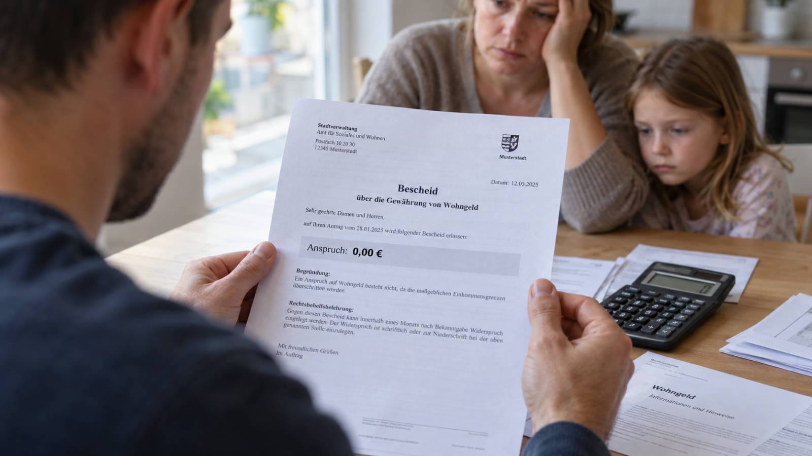 Familie sitzt am Küchentisch und prüft einen Wohngeld-Bescheid mit einem Anspruch von 0,00 Euro