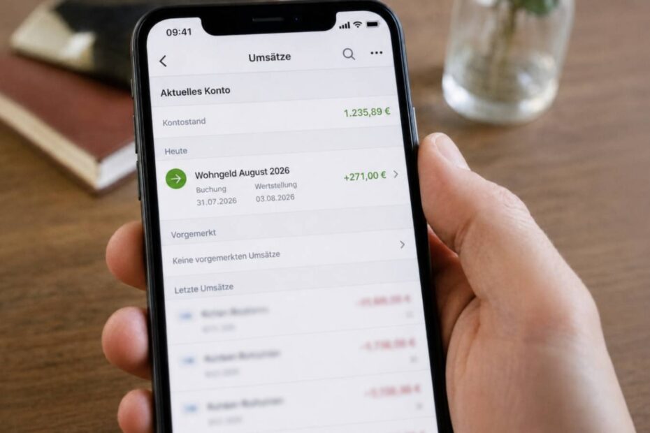 Kontoauszug auf dem Handy, Geldeingang Wohngeld August 2026 auf dem Konto