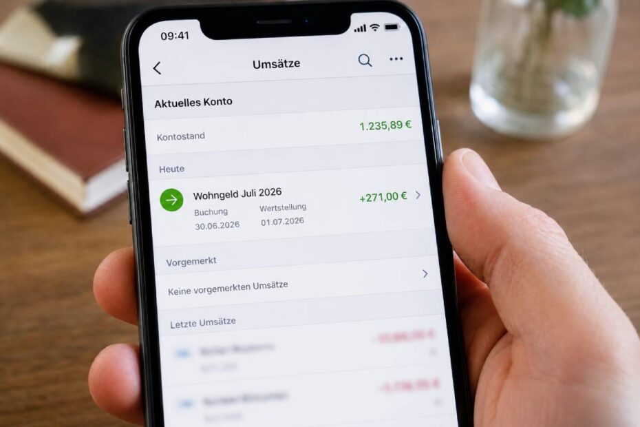 Hand hält ein Handy, darauf ein Kontoauszug mit der Wohngeld-Auszahlung Juli 2026