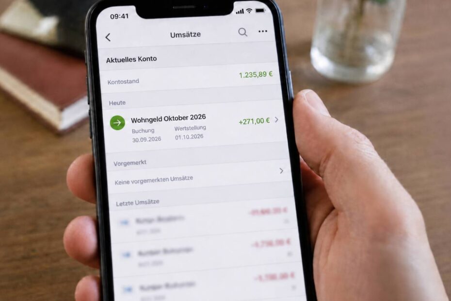 Hand hält ein Handy, darauf ein Kontoauszug mit der Wohngeld-Auszahlung Oktober 2026