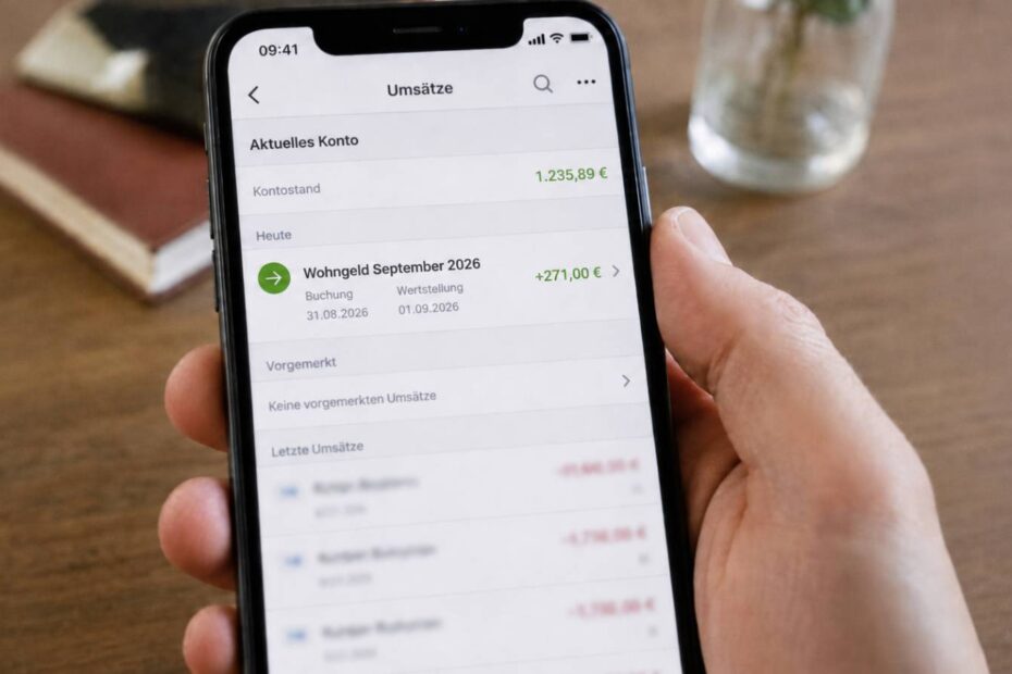 Hand hält ein Handy, darauf ein Kontoauszug mit der Wohngeld-Auszahlung September 2026