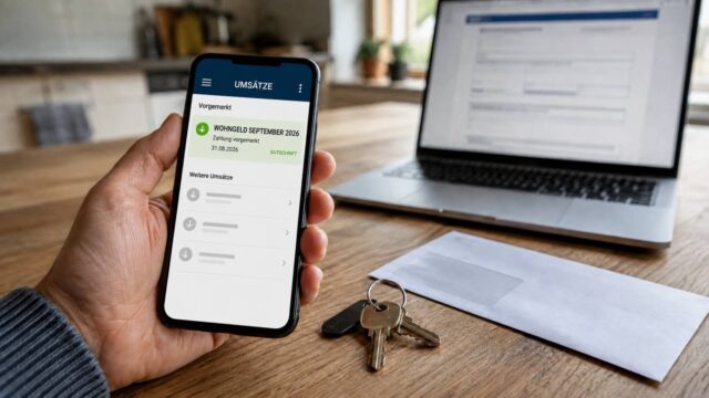 Smartphone zeigt die vorgemerkte Wohngeld-Auszahlung für September 2026 neben Wohnungsschlüsseln und Behördenpost.