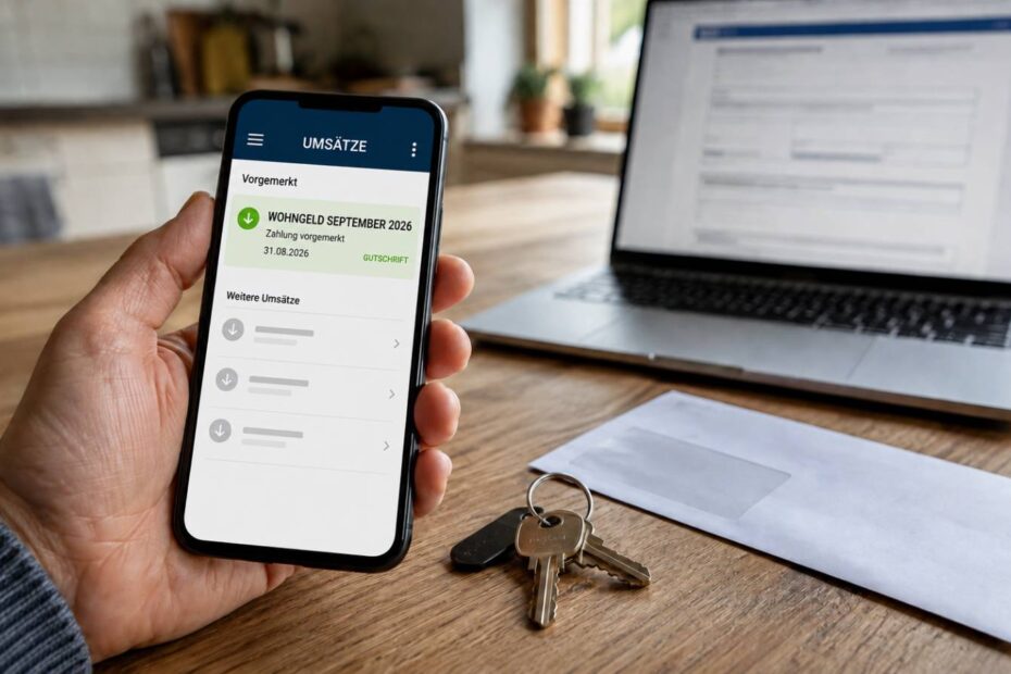 Smartphone zeigt die vorgemerkte Wohngeld-Auszahlung für September 2026 neben Wohnungsschlüsseln und Behördenpost.