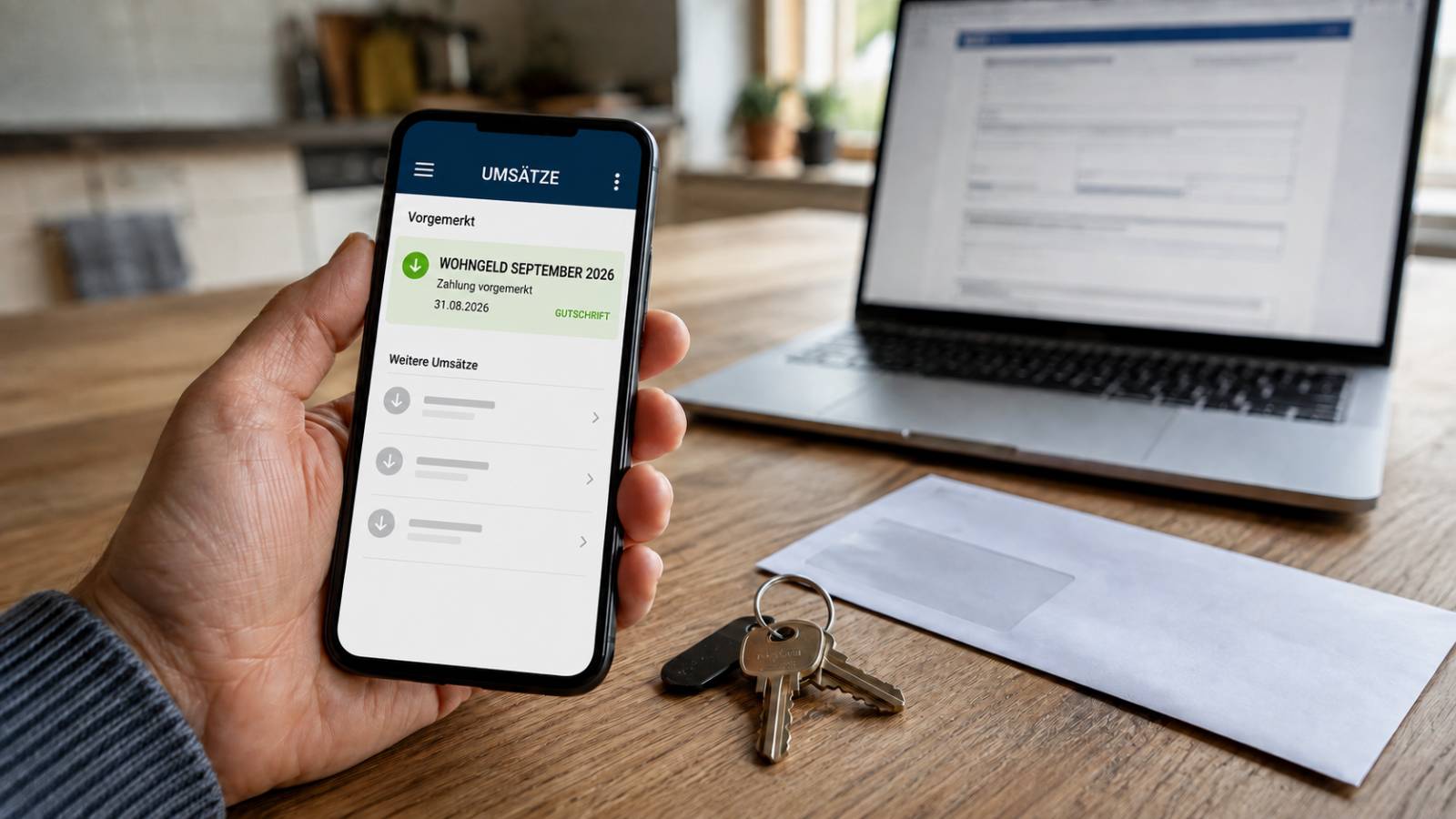 Smartphone zeigt die vorgemerkte Wohngeld-Auszahlung für September 2026 neben Wohnungsschlüsseln und Behördenpost.
