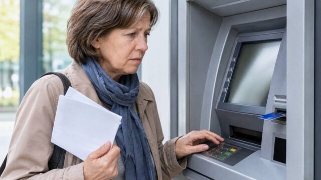 Besorgt blickende Frau mit einem Brief in der Hand will Geld an einem Geldautomaten abheben