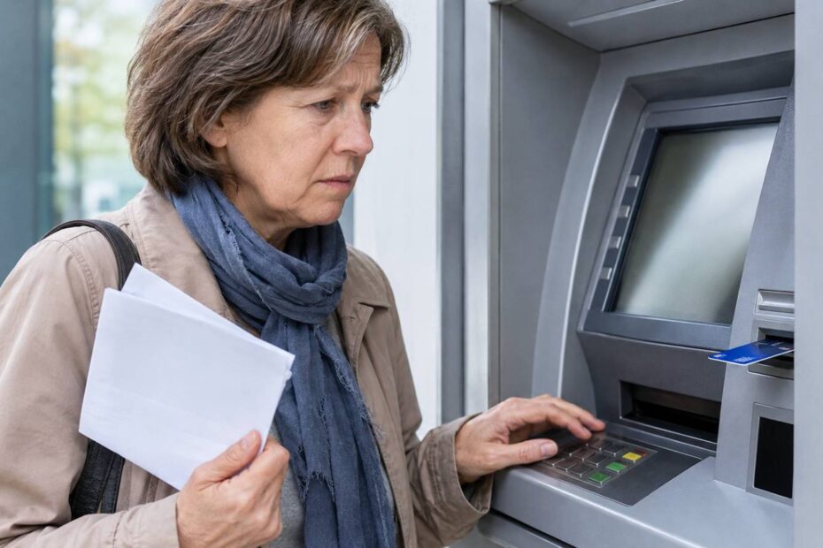 Besorgt blickende Frau mit einem Brief in der Hand will Geld an einem Geldautomaten abheben