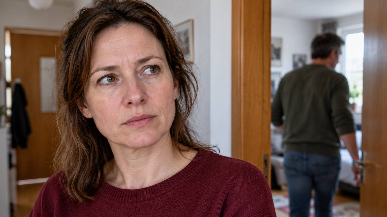 Frau im Flur einer Wohngemeinschaft, im Hintergrund geht ein Mann in ein separates Zimmer.