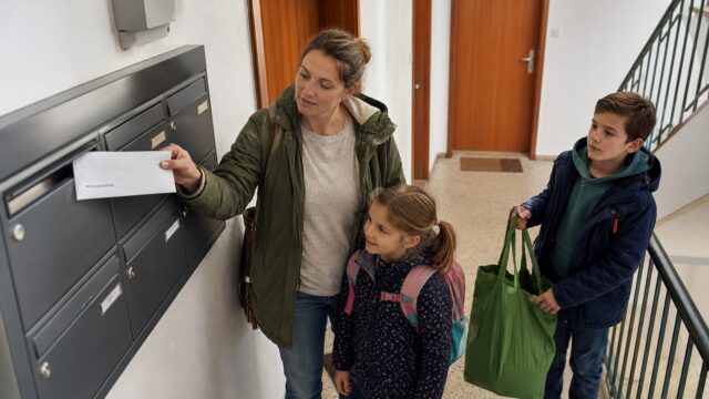 Mutter mit zwei Kindern nimmt im Mietshaus einen Brief der Wohngeldstelle aus dem Briefkasten