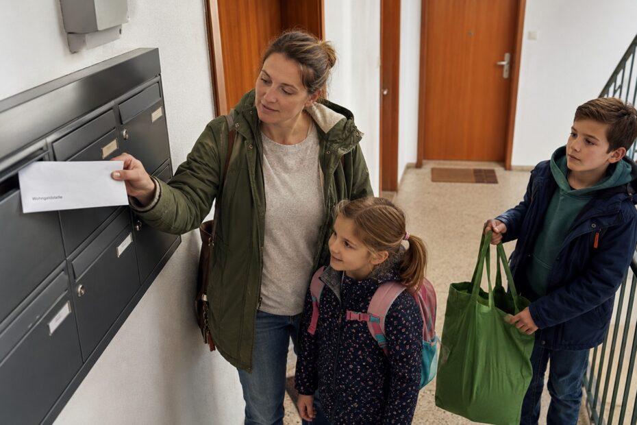 Mutter mit zwei Kindern nimmt im Mietshaus einen Brief der Wohngeldstelle aus dem Briefkasten