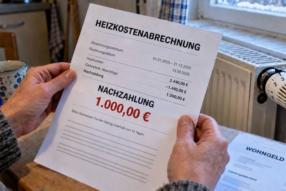 Hände halten eine Heizkostenabrechnung über 1.000 Euro neben einem Heizkörper und einem Wohngeldbescheid