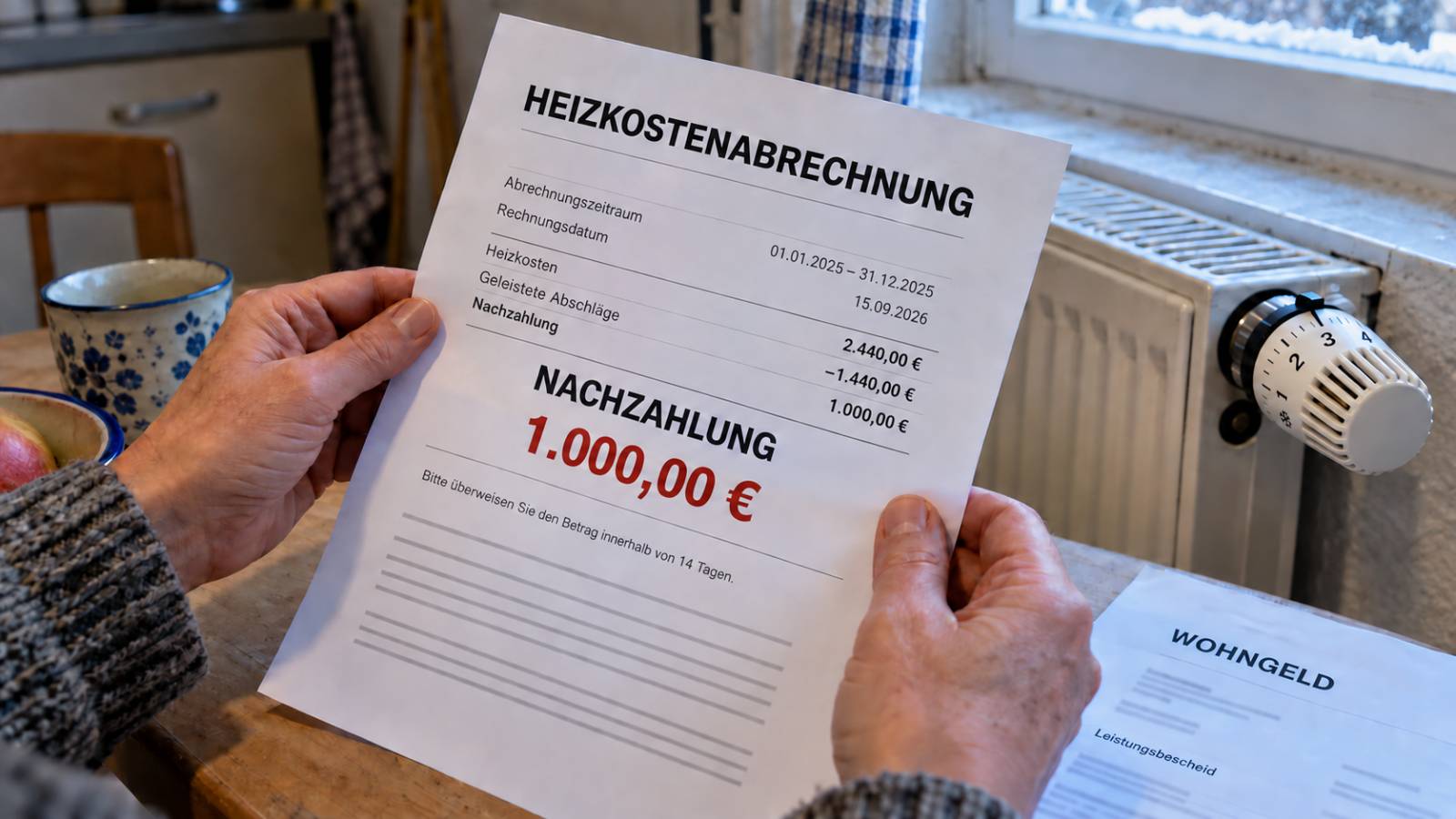Hände halten eine Heizkostenabrechnung über 1.000 Euro neben einem Heizkörper und einem Wohngeldbescheid