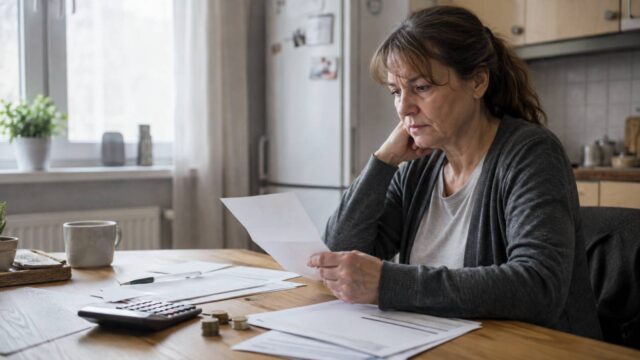Frau prüft an einem Küchentisch ihre Unterlagen und Haushaltsausgaben