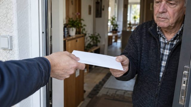 Älterer Mieter nimmt an seiner Wohnungstür einen unbeschrifteten Umschlag entgegen.
