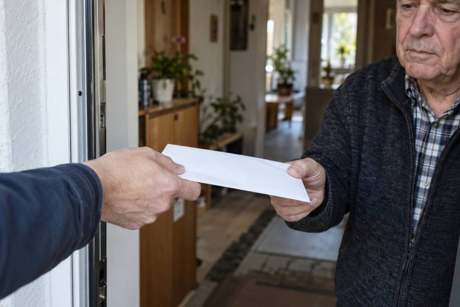 Älterer Mieter nimmt an seiner Wohnungstür einen unbeschrifteten Umschlag entgegen.