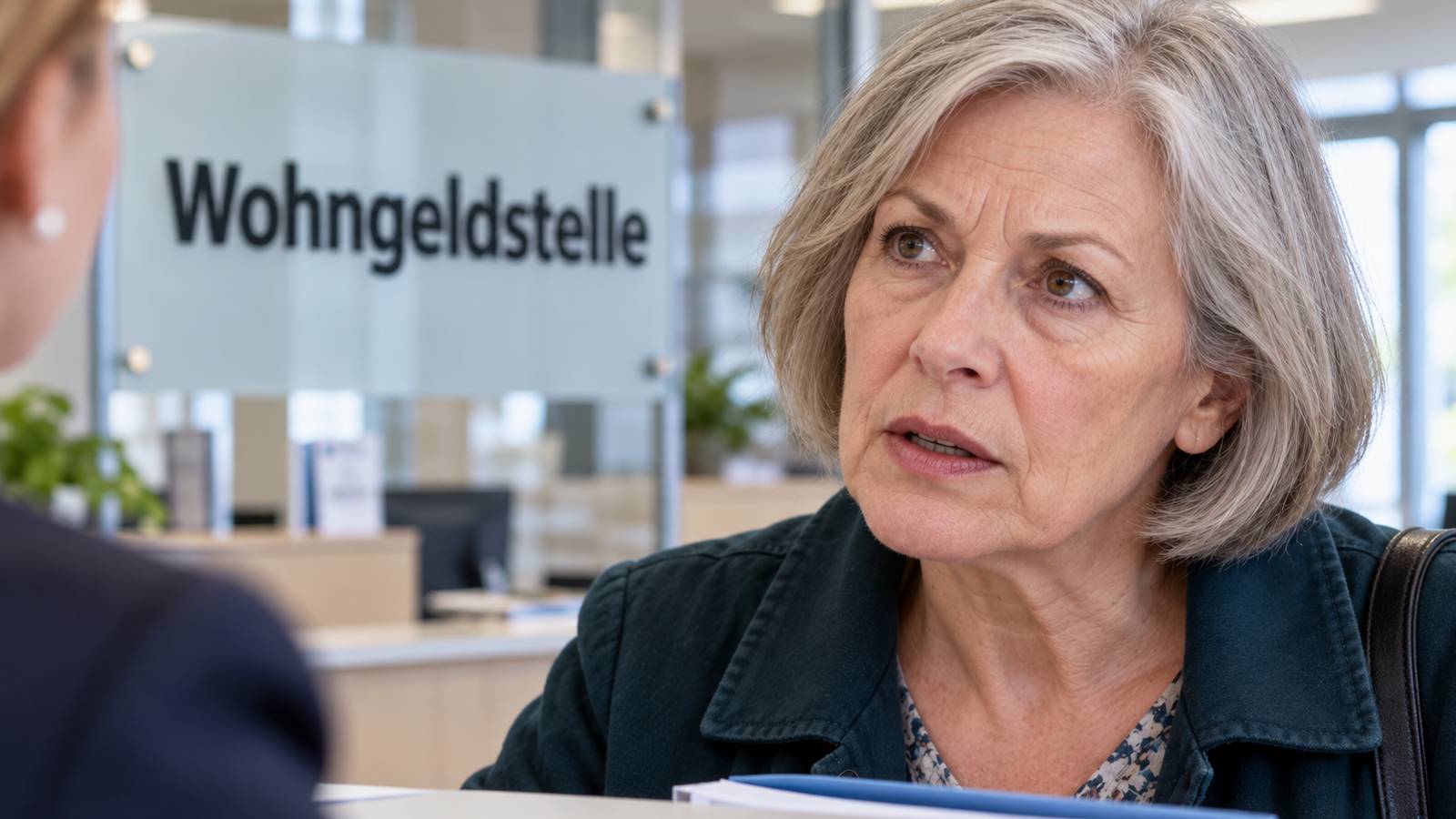 Rentnerin im Gespräch am Schalter der Wohngeldstelle.