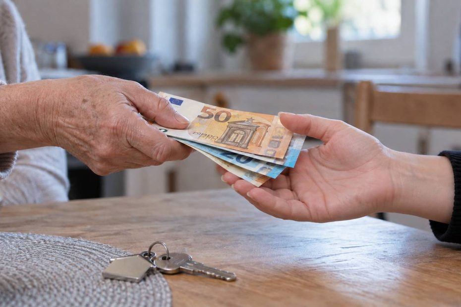 Ältere Frau übergibt Bargeld für die Miete an eine jüngere Frau
