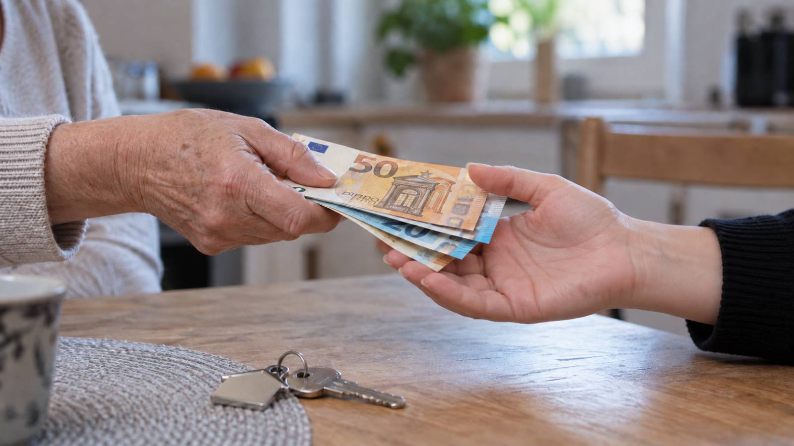 Ältere Frau übergibt Bargeld für die Miete an eine jüngere Frau