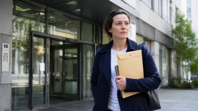 Frau mit Unterlagen vor einer Wohngeldstelle