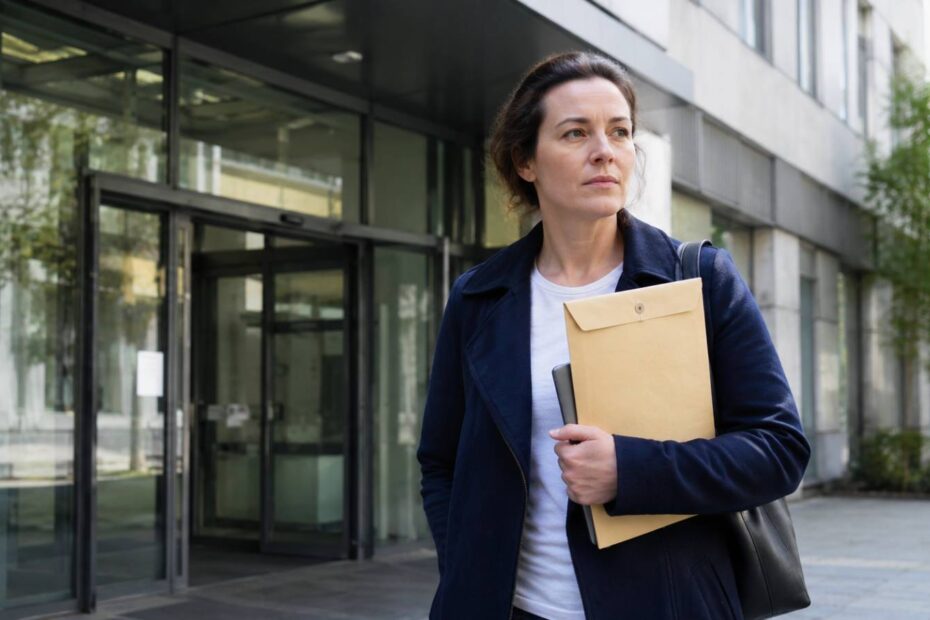 Frau mit Unterlagen vor einer Wohngeldstelle