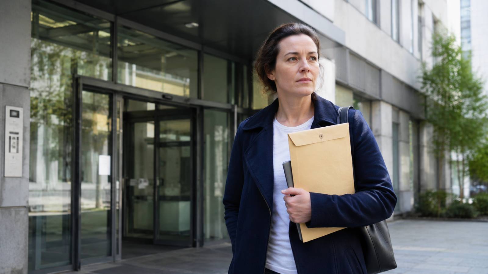 Frau mit Unterlagen vor einer Wohngeldstelle